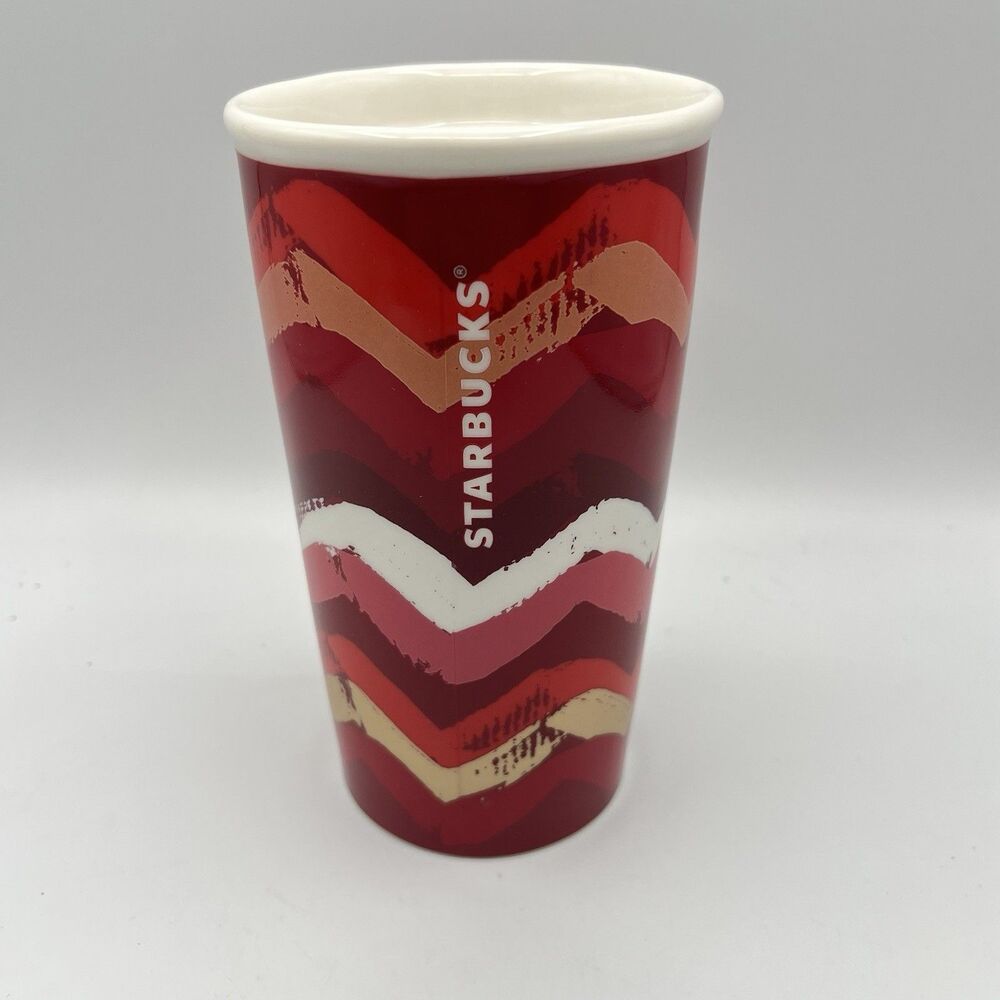 Starbucks 2014 Red Gold Pink White Chevron Ceramic Travel Mug - No Lid